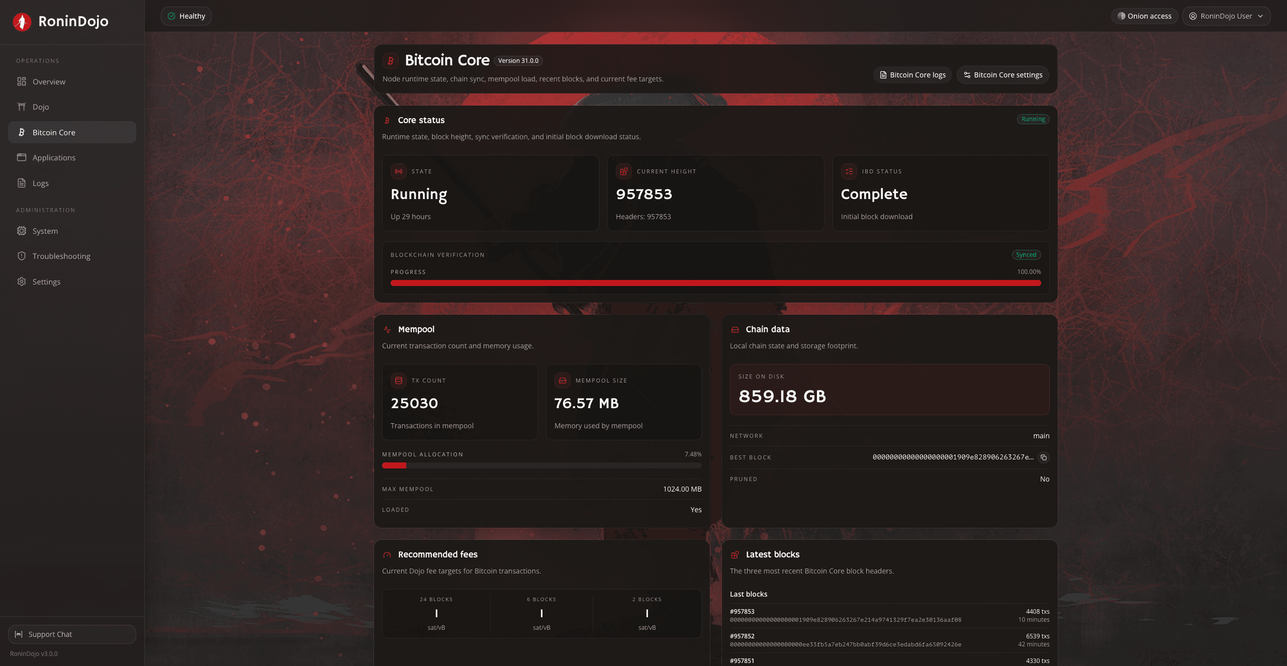 RoninUI Bitcoin Core panel showing sync progress, mempool, and chain data