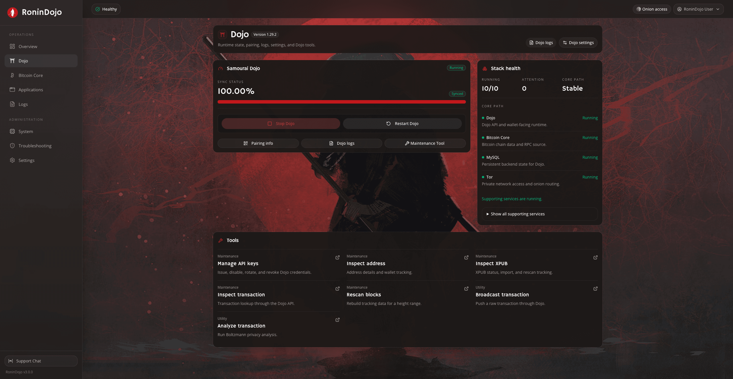 RoninUI Dojo panel showing sync status, stack health, and maintenance tools