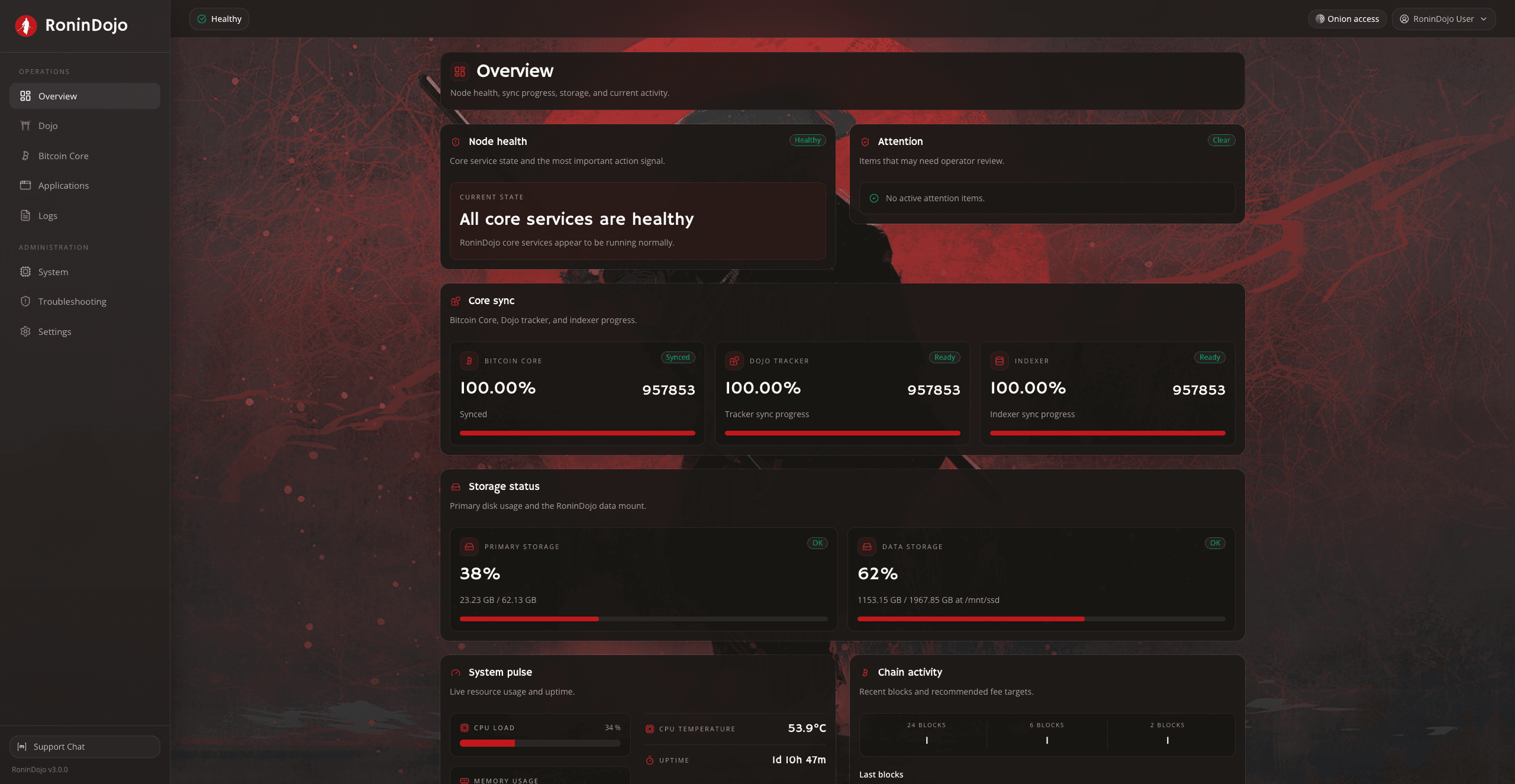 RoninUI overview dashboard showing node health, core sync, and storage status