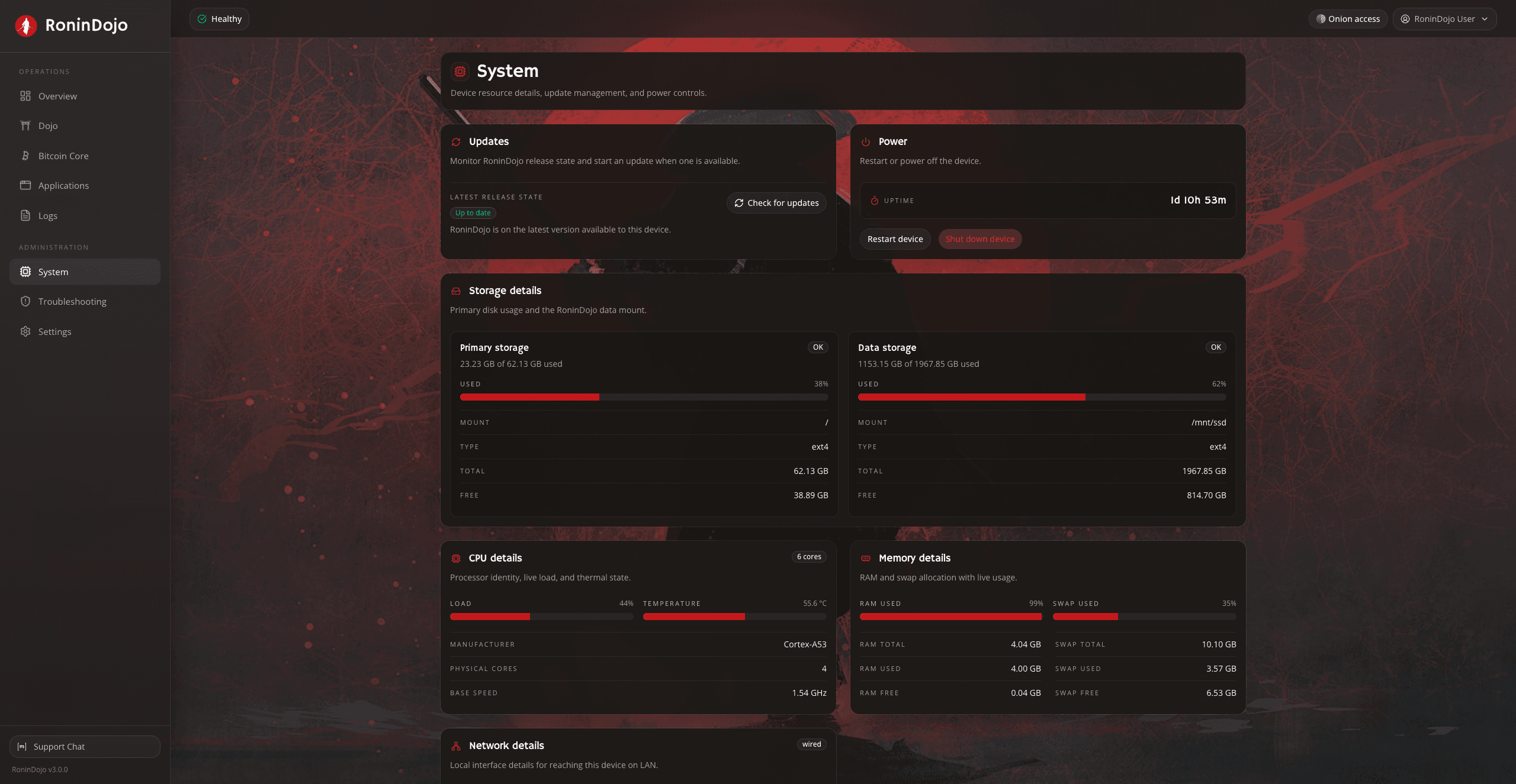 RoninUI system panel showing storage, CPU, and memory details