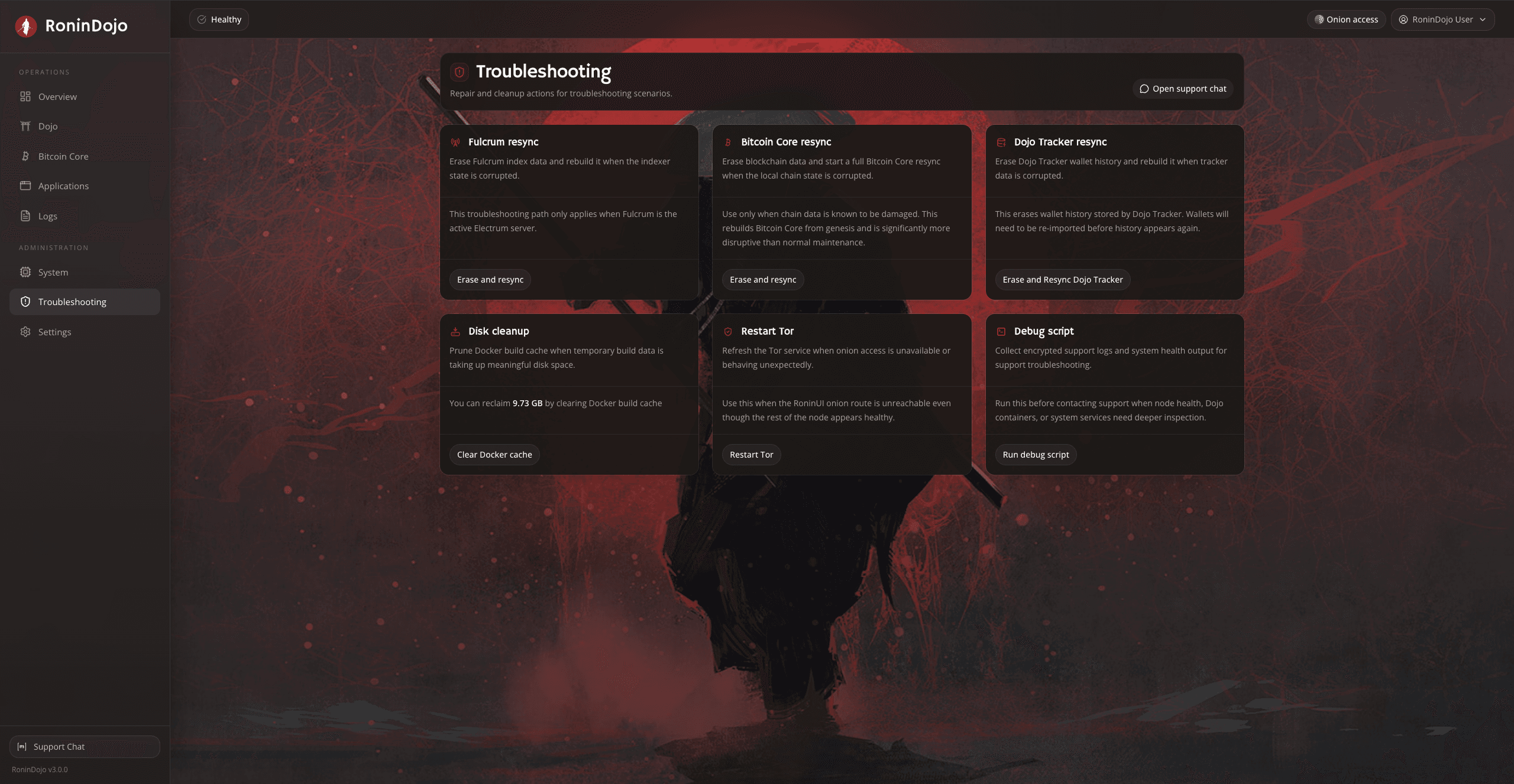 RoninUI troubleshooting panel with repair and cleanup actions