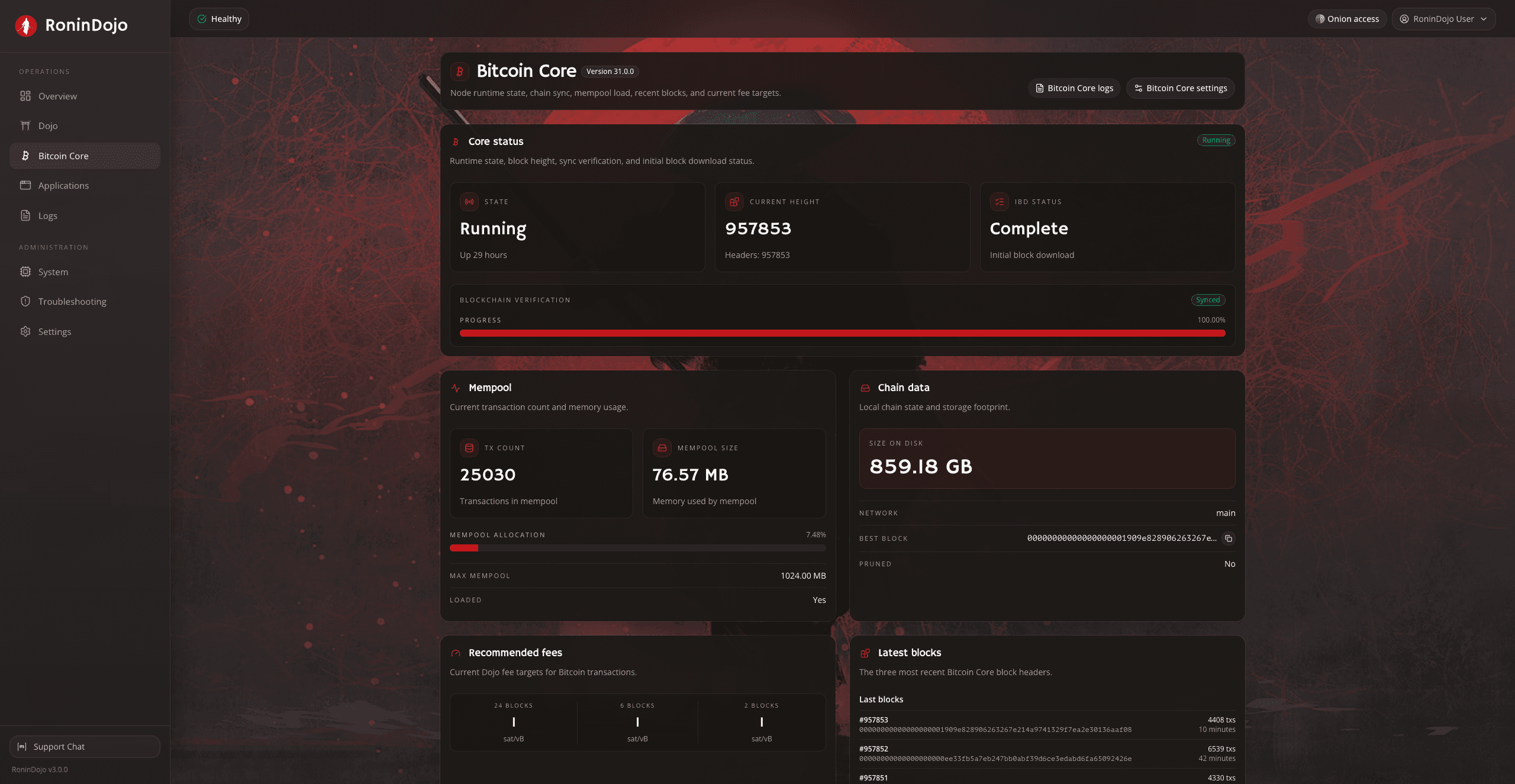 RoninUI Bitcoin Core panel showing sync progress, mempool, and chain data