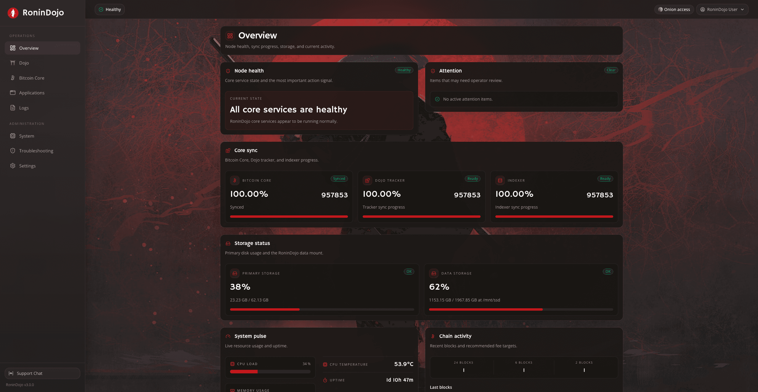 RoninUI overview dashboard showing node health, core sync, and storage status