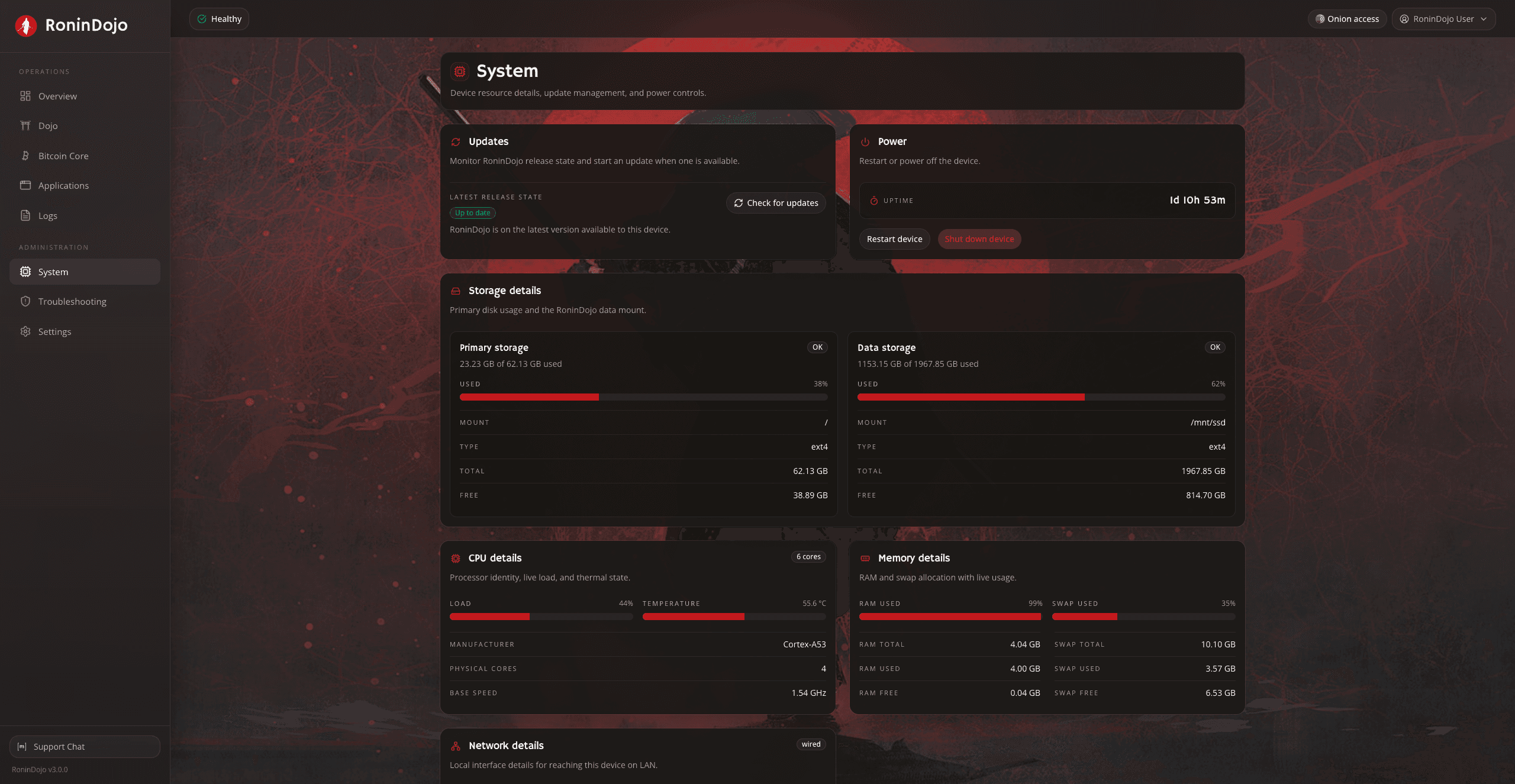 RoninUI system panel showing storage, CPU, and memory details