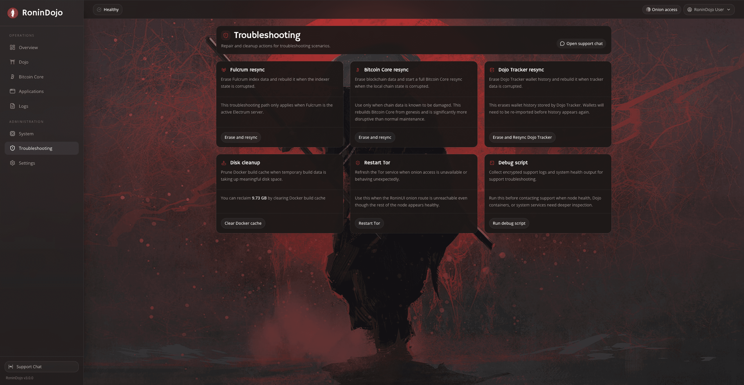 RoninUI troubleshooting panel with repair and cleanup actions