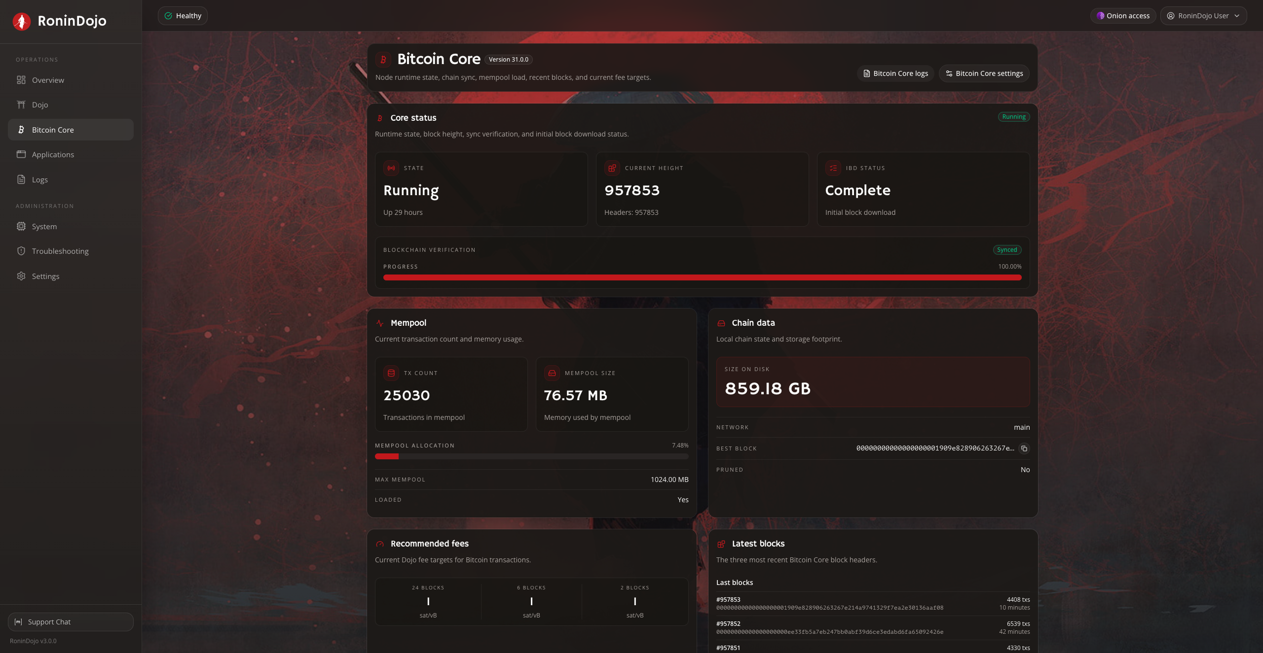 RoninUI Bitcoin Core panel showing sync progress, mempool, and chain data