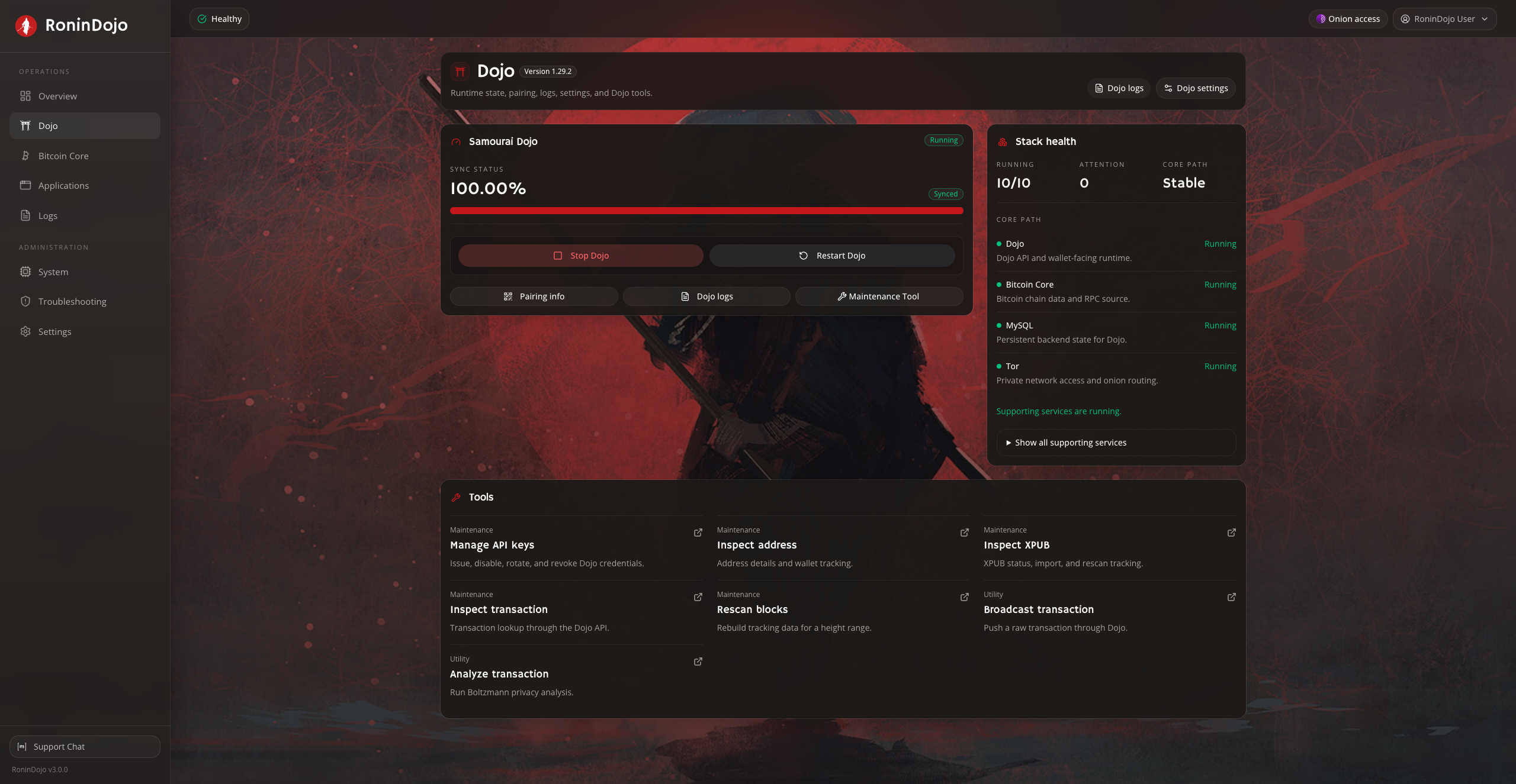 RoninUI Dojo panel showing sync status, stack health, and maintenance tools