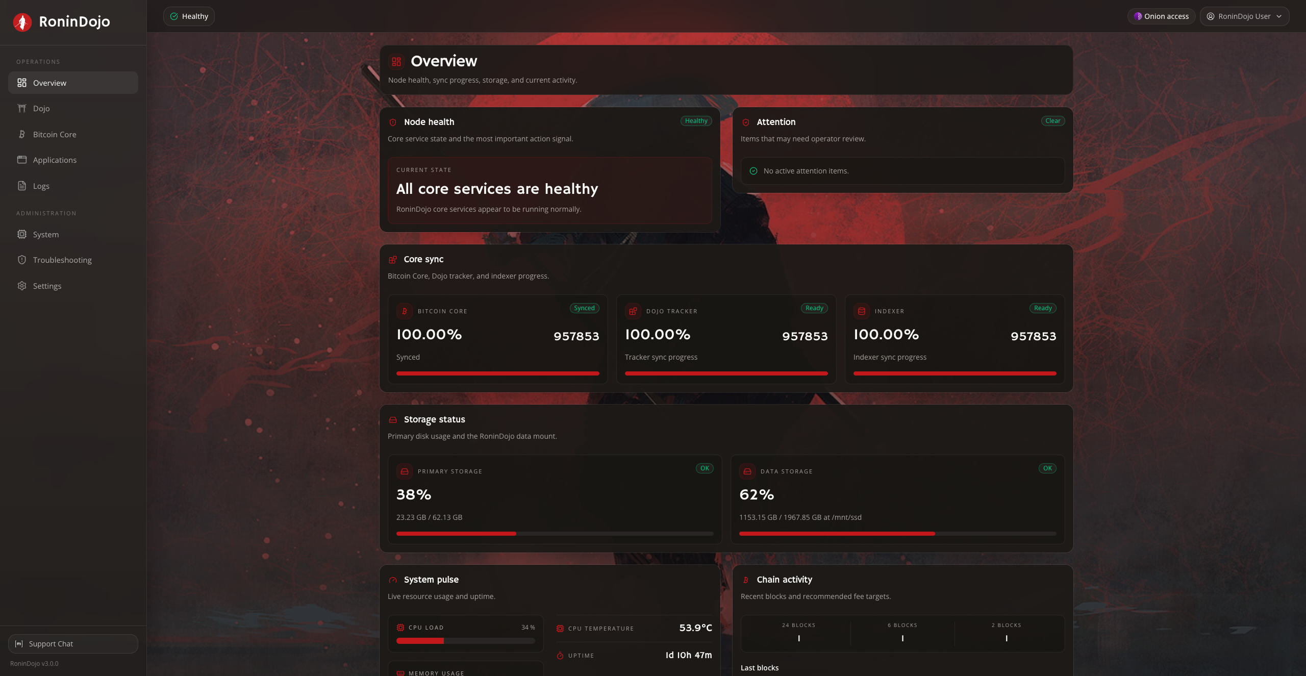 RoninUI overview dashboard showing node health, core sync, and storage status