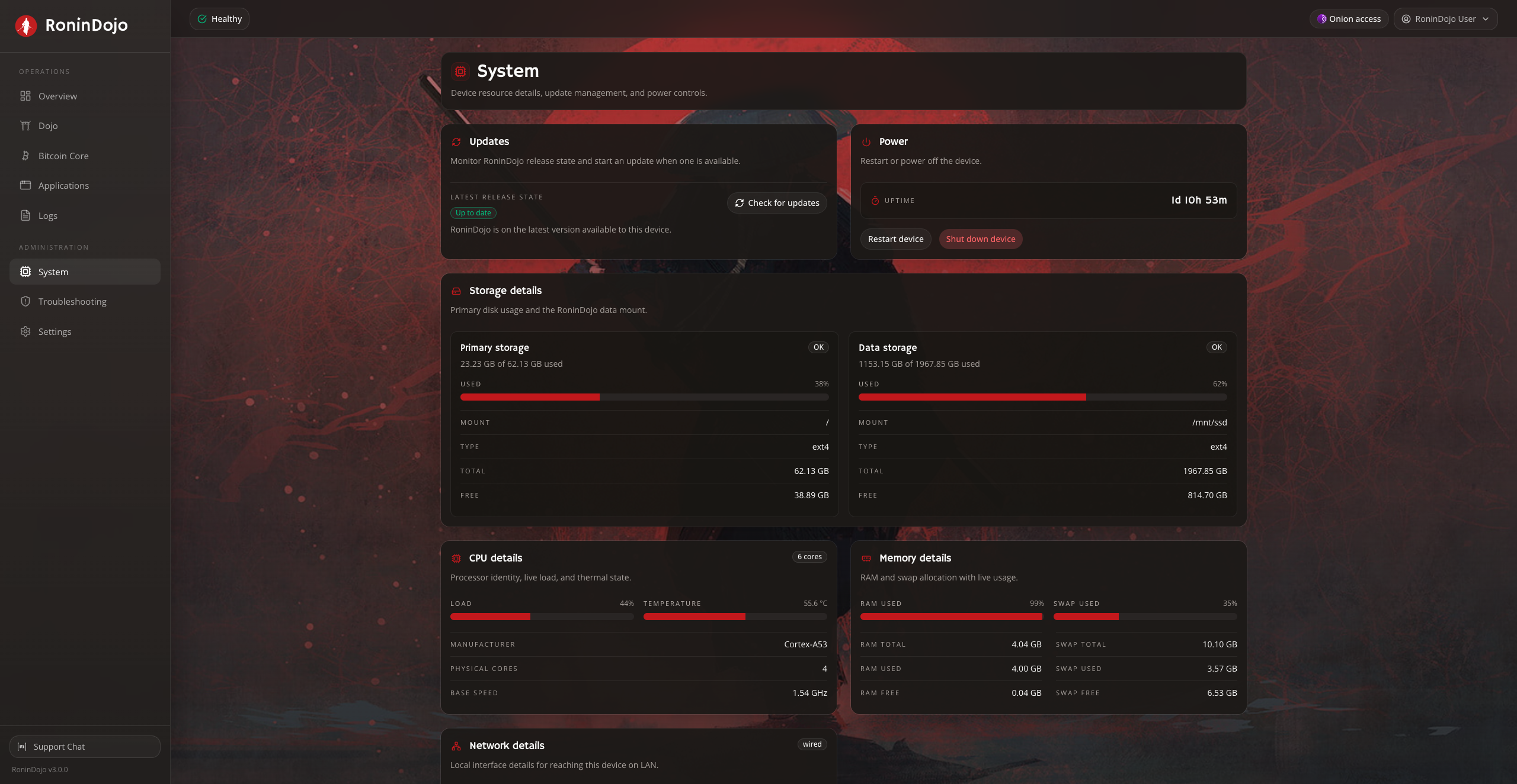 RoninUI system panel showing storage, CPU, and memory details