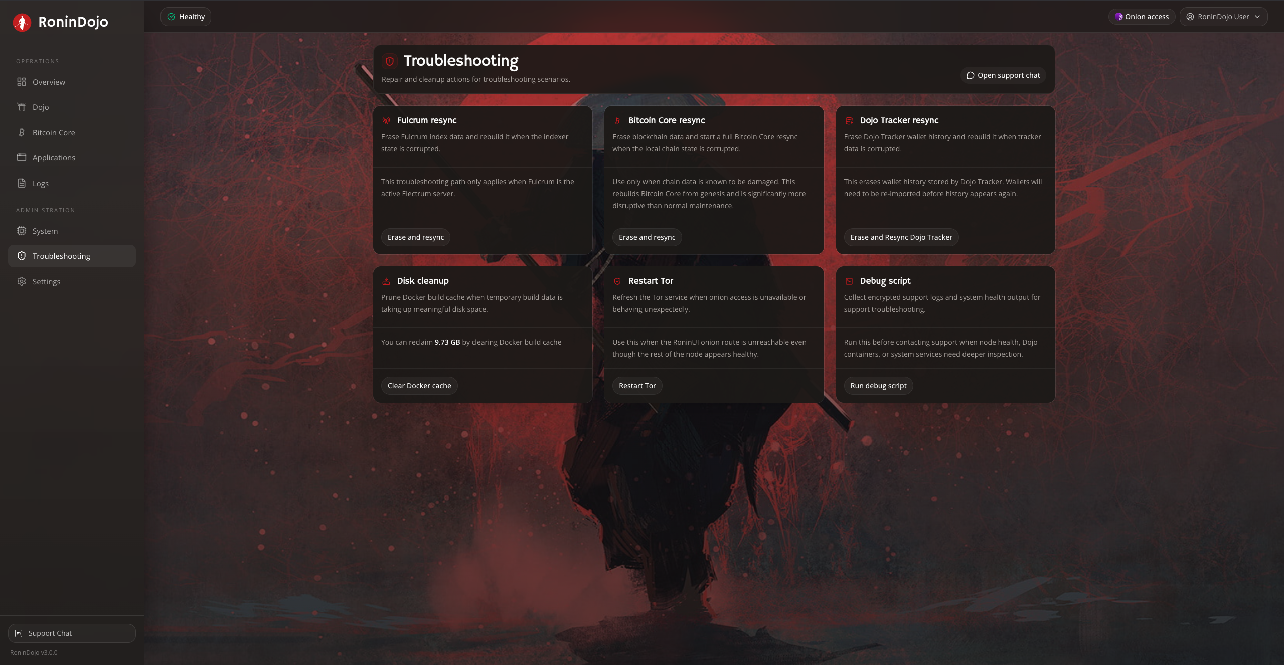 RoninUI troubleshooting panel with repair and cleanup actions